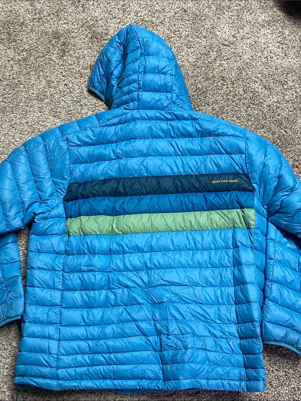 cotopaxi Blue Hooded Puffer Jacket Green and Navy Stripes Men’s Size 2XL - 1511 - Picture 13 of 15